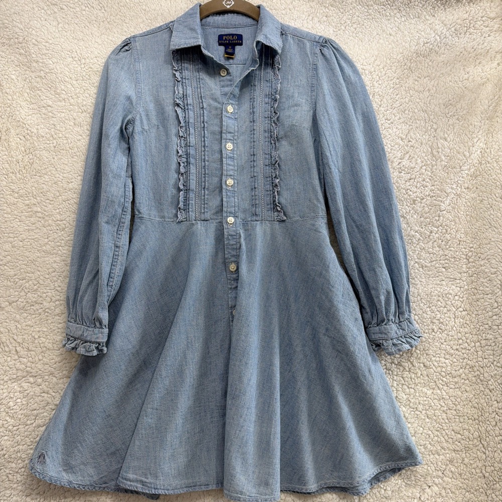 Polo Ralph Lauren Girls Chambray Shirt Dress Pony Logo Long Sleeve Size 12‎